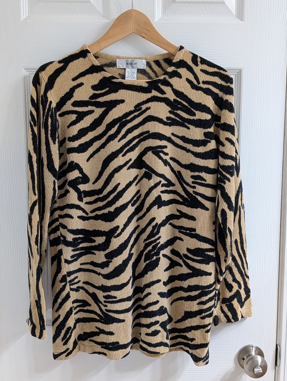 Women's Vintage KITKIT Zebra Print Sweater‎ Medium Like New Chenille Tan Black
